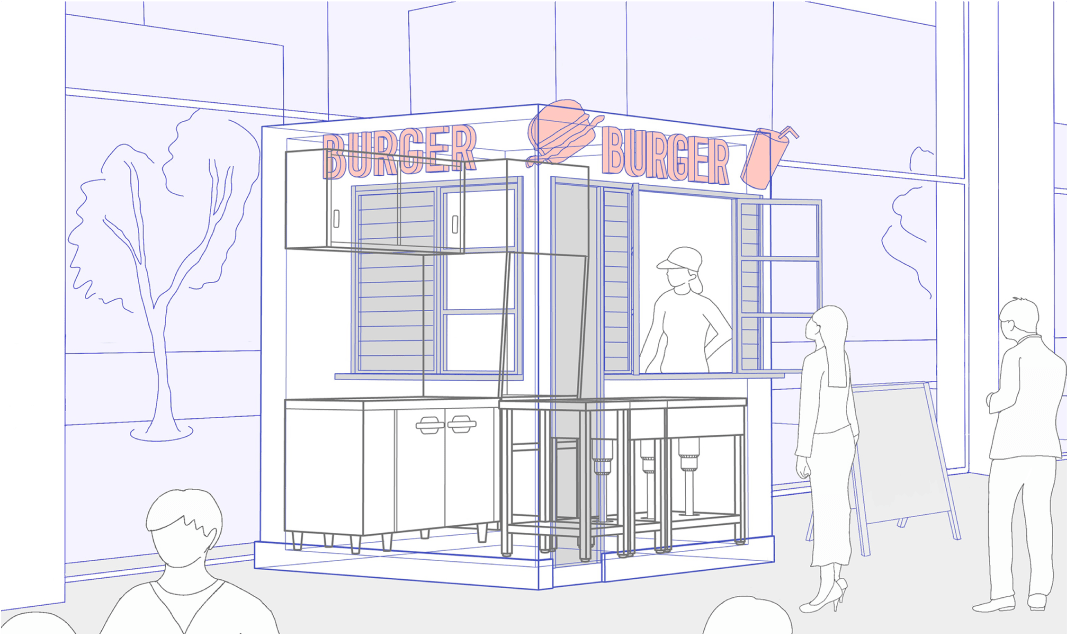 オフィスビルのハンバーガーショップスタンド